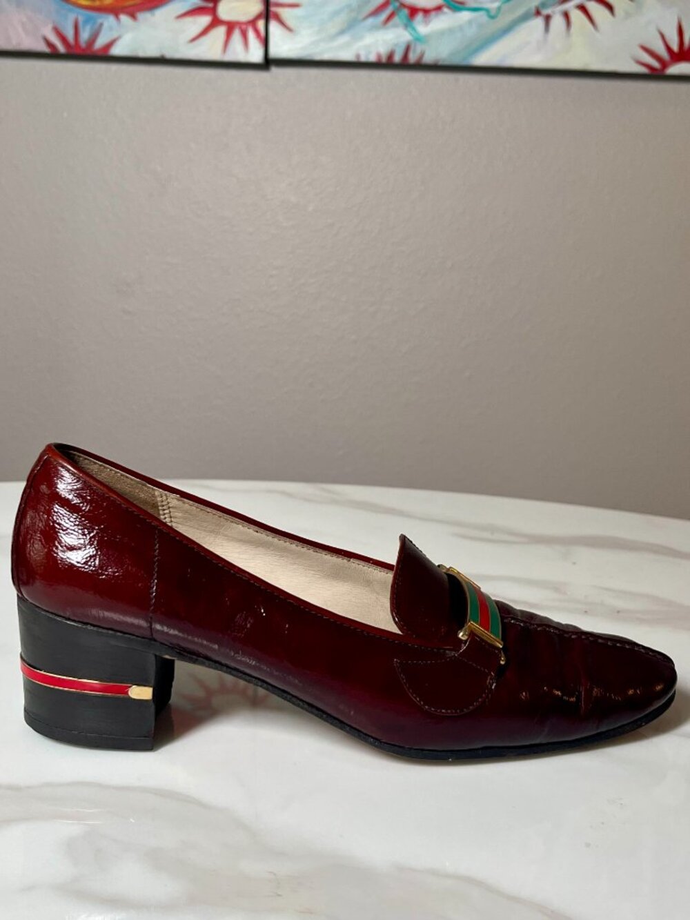 Gucci Oxblood Patent Leather Web Stripe Vintage Block Heel Loafers 39 AA - Picture 3 of 10